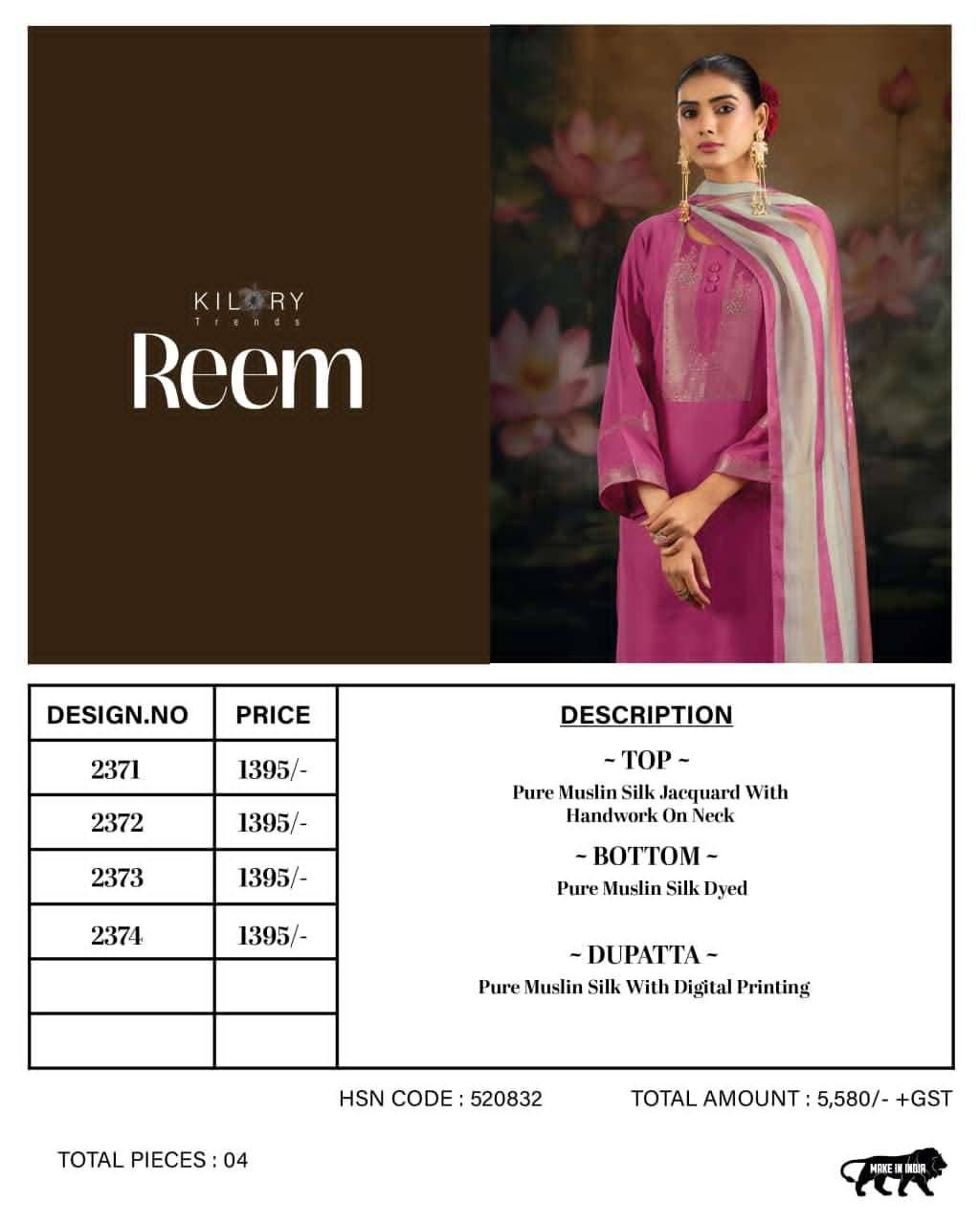 REEM By KILORY TRENDS 2371 To 2374 Series Stylish Beautiful Colourful PURE MUSLIN JACQUARD SILK Dresses At Wholesale Price